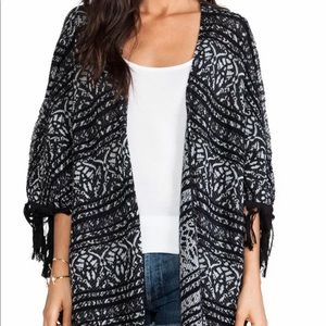 Free People Black Pattern Fringe Kimono Cardigan